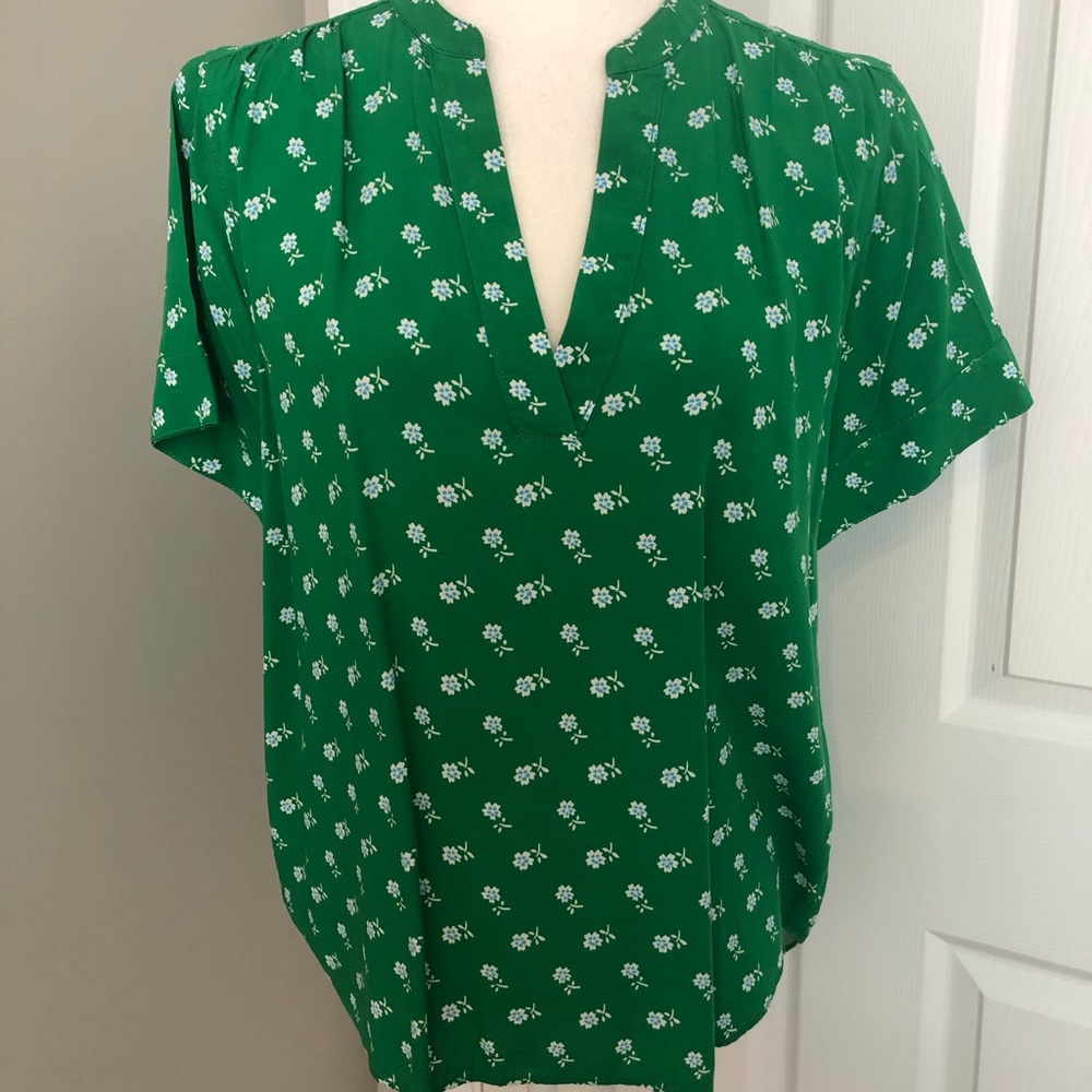 J.Crew Green Drapey Band Collar Floral Top